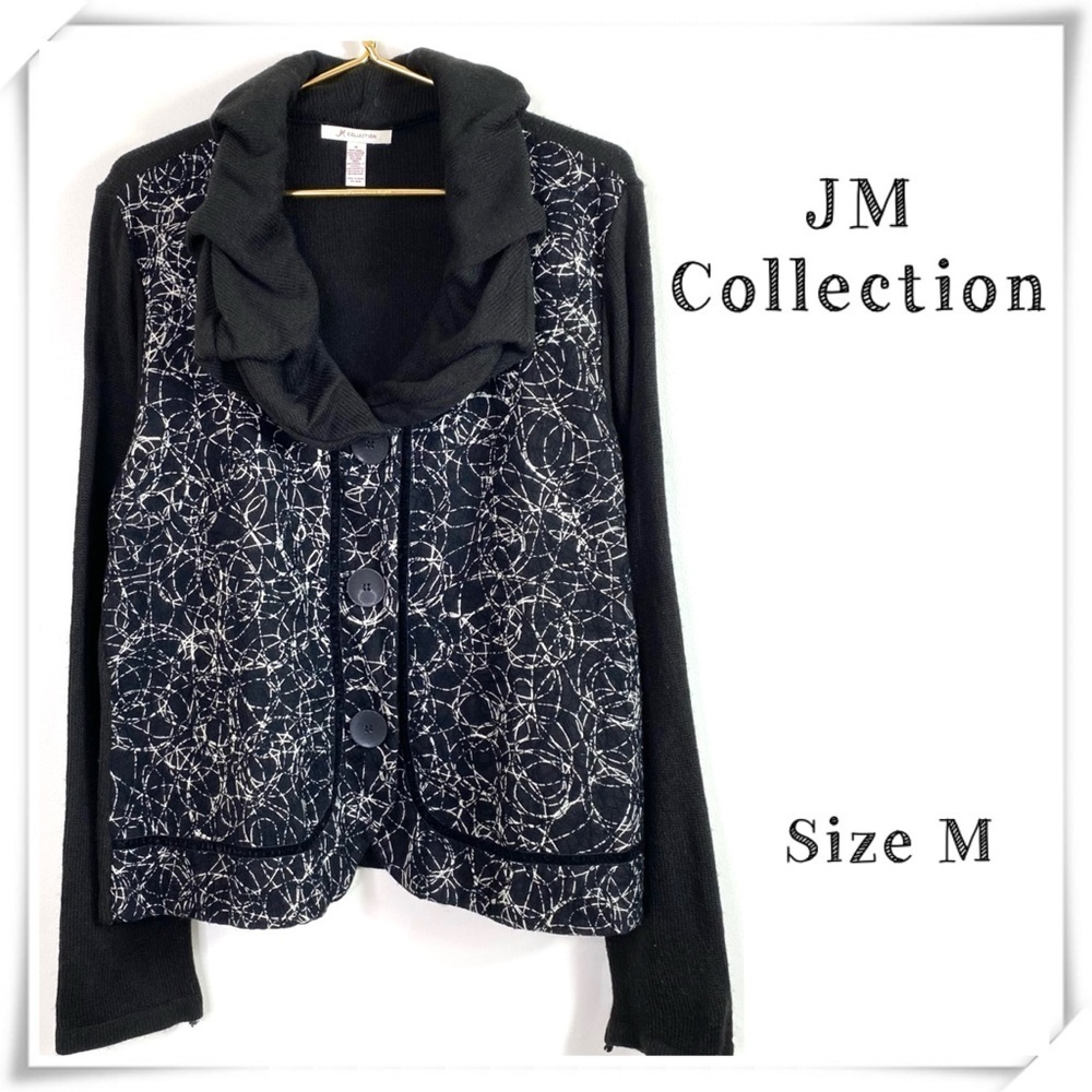 JM Collection Ruffled Collar Embroidered Chunky Cardigan In Black Size M